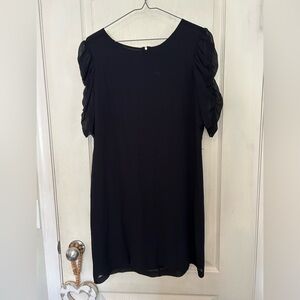 Theory Elegant Black Silk Dress with Sheer Ruched Sleeves